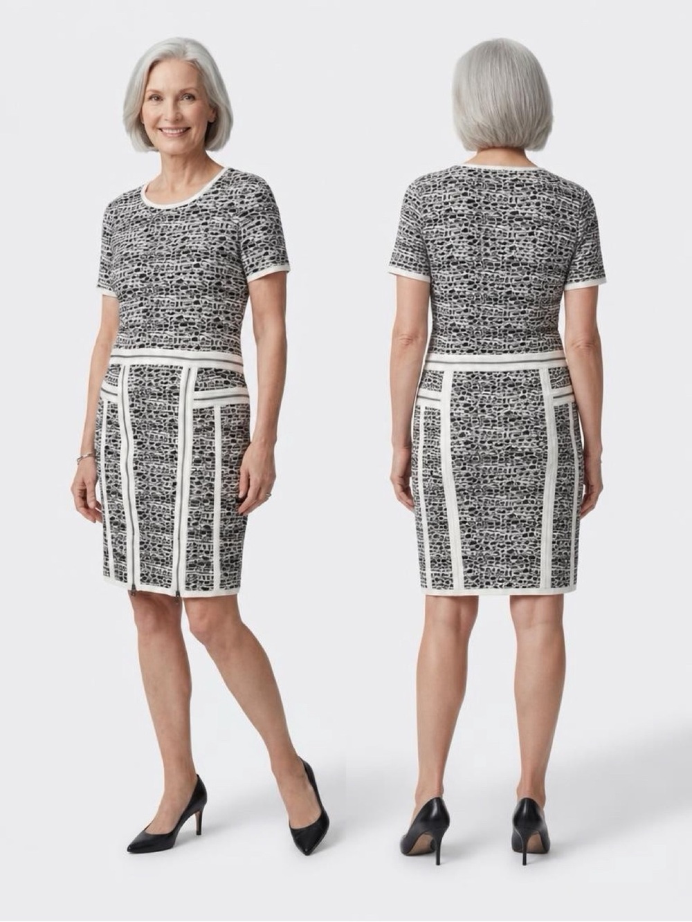 Black & White Patterned Pencil Skirt with Contrast Trim